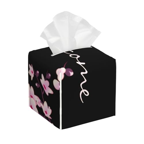 Quadratische Taschentuchbox-Abdeckung aus Leder mit floralen Kirschblüten und rosa-schwarzem Willkommensmotiv – dekorativer Organizer für Badezimmer-Waschtisch, Nachttisch und Arbeitsplatte | Rutsch Quadratische Taschentuchbox-Abdeckung aus Leder mit floralen Kirschblüten und rosa-schwarzem Willkommensmotiv – dekorativer Organizer für Badezimmer-Waschtisch, Nachttisch und Arbeitsplatte | Rutsch von asbwuo