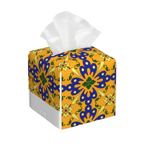 Quadratische Taschentuchbox-Abdeckung aus Leder mit orange-blauem und gelbem spanischen Fliesenmuster – dekorativer Organizer für Badezimmer-Waschtisch, Nachttisch und Arbeitsplatte | rutschfeste Un von asbwuo
