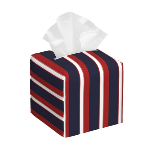 Quadratische Taschentuchbox-Abdeckung aus Leder mit rot-weiß-marineblauen Streifen und nautischen Streifen – dekorativer Organizer für Badezimmer-Waschtisch, Nachttisch und Arbeitsplatte | Rutschfes von asbwuo