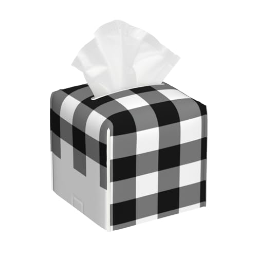 Quadratische Taschentuchbox aus Leder im schwarz-weißen Gingham-Stil, Moderne quadratische dekorative Kosmetikpapierhülle aus PU-Leder, Organizerhalter, Spender für Badezimmer, Nachttische Quadratische Taschentuchbox aus Leder im schwarz-weißen Gingham-Stil, Moderne quadratische dekorative Kosmetikpapierhülle aus PU-Leder, Organizerhalter, Spender für Badezimmer, Nachttische von asbwuo