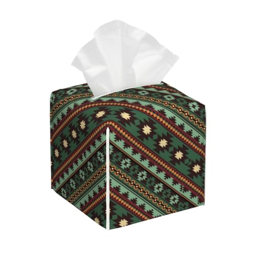 Quadratische Taschentuchbox aus Leder im südwestlichen Tribal-Stil, grün-braun, Moderne quadratische dekorative Kosmetikpapierhülle aus PU-Leder, Organizerhalter, Spender für Badezimmer, Nachttische von asbwuo