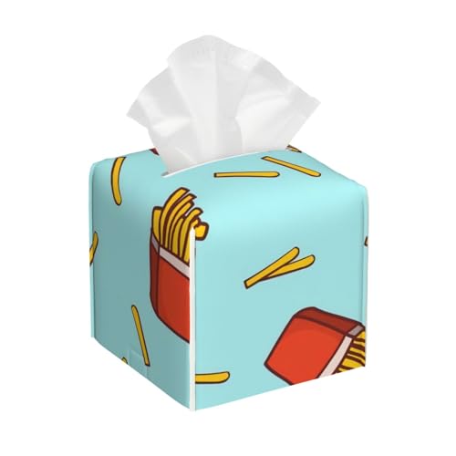 Quadratische Taschentuchbox aus Leder mit Aufschrift „French Fries Fun Food – Badezimmer-Waschtisch, Nachttisch & Arbeitsplatte, Elegantes Home-Office-Dekor von asbwuo