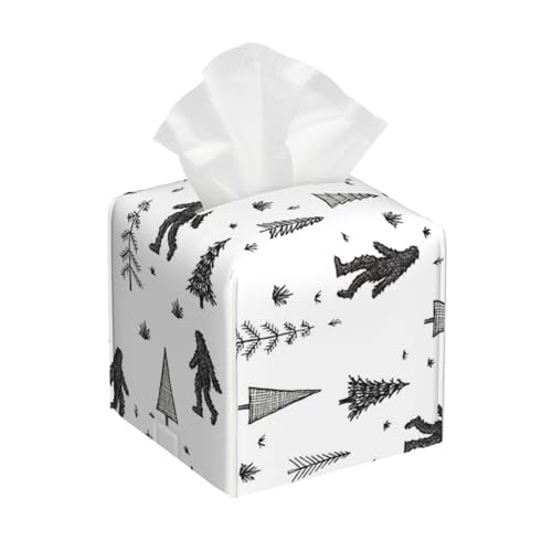 Quadratische Taschentuchbox aus Leder mit Bäumen + Ye-Ti-Muster, Moderne quadratische dekorative Kosmetikpapierhülle aus PU-Leder, Organizer-Halter, Spender für Badezimmer, Nachttische von asbwuo