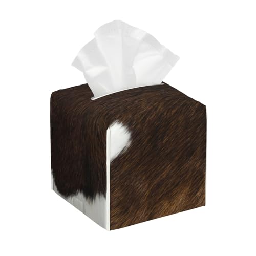 Quadratische Taschentuchbox aus Leder mit Kuhfell-Aufdruckmuster – dekorativer Organizer für Badezimmer, Nachttisch und Arbeitsplatte | rutschfeste Unterseite und einfaches Nachfüllen von asbwuo