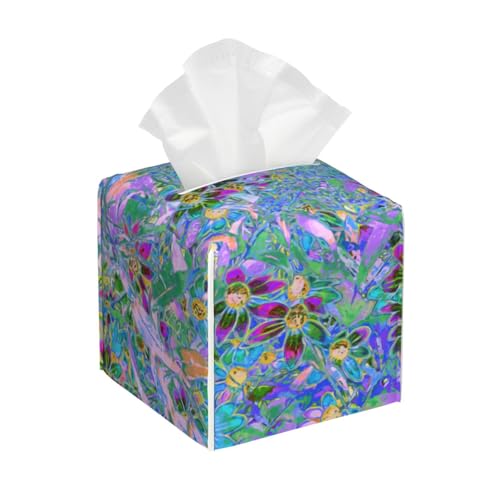 Retro Lila, Grün und Blau Wildblumen auf Rosa (2) Quadratische Taschentücherbox, Kubische Taschentücherbox, Dekoration auf Esstisch und Badezimmer, Büro von asbwuo
