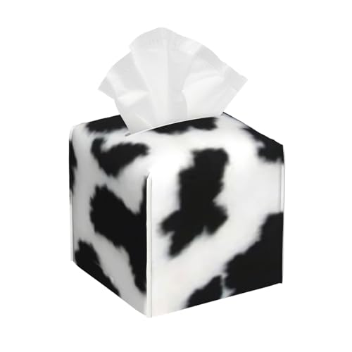 Taschentuchbox-Abdeckung aus Kuhfell mit geflecktem Fell und Bauernhoftiermuster, quadratisch, schwarz-weiß, Leder – dekorativer Organizer für Badezimmer, Waschtisch, Nachttisch und Arbeitsplatte | von asbwuo