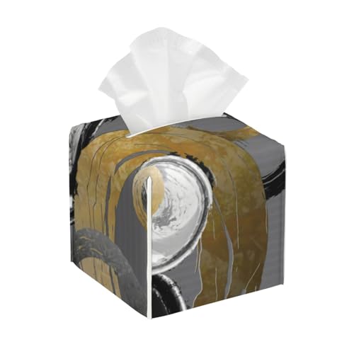 Taschentuchbox-Abdeckung aus Leder mit Ringen und Kreisen, modern, abstrakt, goldfarben, schwarz, grau, quadratisch – dekorativer Organizer für Badezimmer, Waschtisch, Nachttisch und Arbeitsplatte | von asbwuo