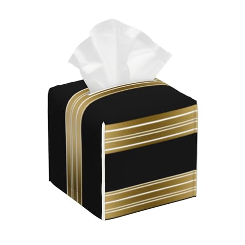 Vertikale Schwarze und goldene Streifen, quadratischer Taschentuchbox-Bezug aus Leder mit weißem Hintergrund – dekorativer Organizer für Badezimmer-Waschtisch, Nachttisch und Arbeitsplatte | Rutschf Vertikale Schwarze und goldene Streifen, quadratischer Taschentuchbox-Bezug aus Leder mit weißem Hintergrund – dekorativer Organizer für Badezimmer-Waschtisch, Nachttisch und Arbeitsplatte | Rutschf von asbwuo