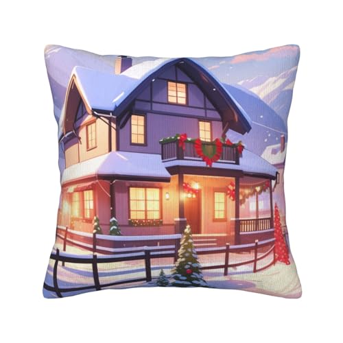 Warmes, quadratisches Dekokissen mit Weihnachtshaus-Aufdruck und weichen Kissenbezügen, Kissenbezug mit Einsätzen für die Dekoration von Sofa und Schlafzimmer zu Hause von asbwuo