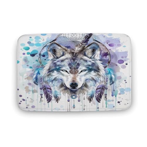 asbwuo Abstrakter Blauer Traumfänger-Badezimmerteppich, Wolf-Wildtierfeder-Badematte mit Rutschfester Rückseite, 40,6 x 61 cm von asbwuo