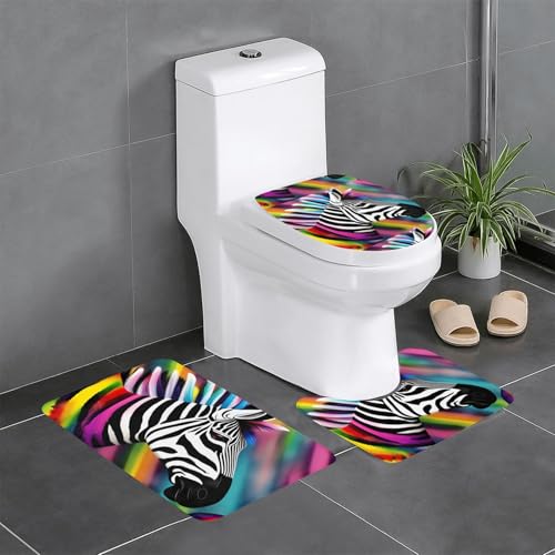 asbwuo Anti-Rutsch-Bodenmatte, 3-teiliges Set, buntes Regenbogen-Zebra-Bild, U-förmige Toilettenbodenmatte, fest angebracht, saugfähig und langlebig, dick und bequem von asbwuo