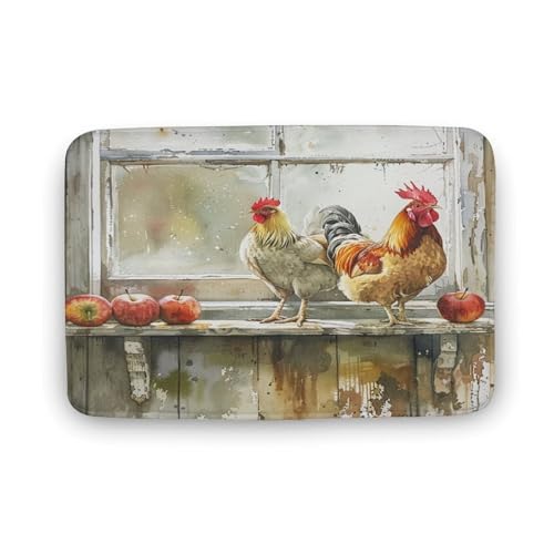 asbwuo Badezimmerteppich im Retro-Stil mit Henne und Huhn, Badematte mit Obstmotiv für die Theke mit Rutschfester Rückseite, 40,6 x 61 cm von asbwuo