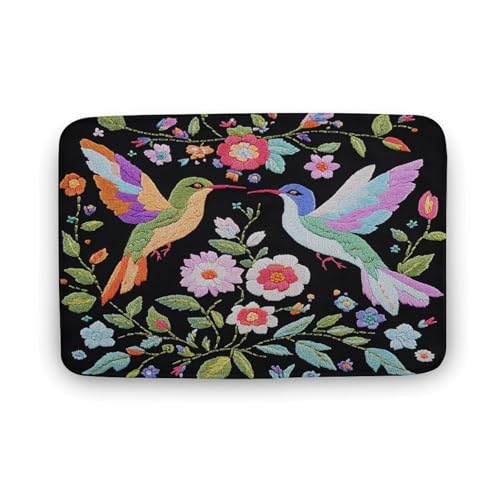 asbwuo Badezimmerteppich mit Kolibri-Stickerei und Blumenmotiv, Badematte im Vintage-Stil mit botanischem Muster und Rutschfester Rückseite, 40,6 x 61 cm von asbwuo