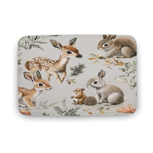 asbwuo Badezimmerteppich mit Pflaumen-Hirsch-Pilz-Motiv, Badematte mit Vintage-Kaninchen-Pflanze und Rutschfester Rückseite,40,6 x 61 cm von asbwuo