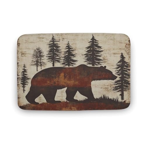 asbwuo Badezimmerteppich mit Tiermotiv, Braunbär, Retro-Kiefernbaum-Badematte mit Rutschfester Rückseite, 40,6 x 61 cm von asbwuo