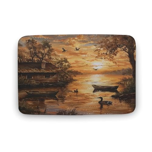 asbwuo Badezimmerteppich mit farbenfrohem Enten-Sonnenuntergang, Badematte mit Bootshütte, See und Baummotiv, rutschfeste Rückseite, 50,8 x 81,3 cm asbwuo Badezimmerteppich mit farbenfrohem Enten-Sonnenuntergang, Badematte mit Bootshütte, See und Baummotiv, rutschfeste Rückseite, 50,8 x 81,3 cm von asbwuo