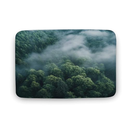 asbwuo Badezimmerteppich mit grüner Landschaft, Moderne Badematte mit nebliger Natur und Rutschfester Rückseite, 40,6 x 61 cm von asbwuo