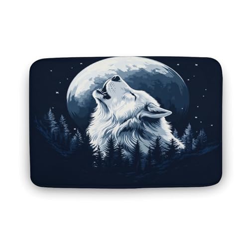 asbwuo Badezimmerteppich mit heulendem Fantasy-Wolf, Blaue Natur-Badematte mit Rutschfester Rückseite, weiche Mikrofaser-Bodenmatte für Dusche, Waschbecken und Eingangsbereich, 40,6 x 61 cm von asbwuo