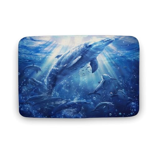 asbwuo Bunter Badezimmerteppich mit Meerestieren, Badematte mit Delfin- Motiv und Rutschfester Rückseite, 40,6 x 61 cm von asbwuo