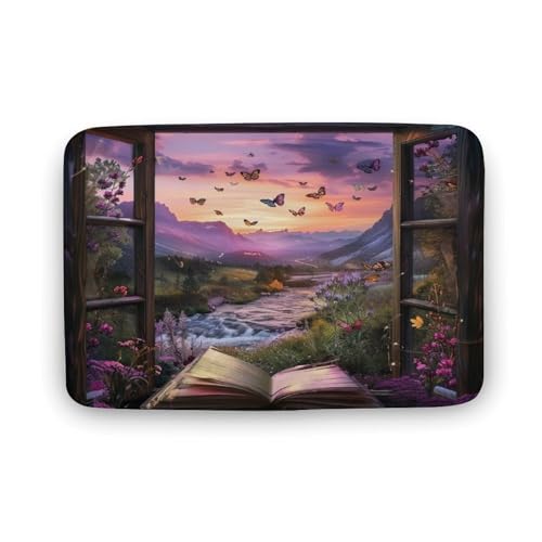 asbwuo Fantasy Butterfly River Badezimmerteppich, Badematte mit Berg-Sonnenuntergang-Fenster und Rutschfester Rückseite, 40,6 x 61 cm von asbwuo