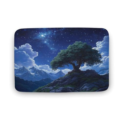 asbwuo Fine Tree Mountain Badezimmerteppich, wunderschöne Badematte mit Sternennachtmotiv und Rutschfester Rückseite, 40,6 x 61 cm von asbwuo