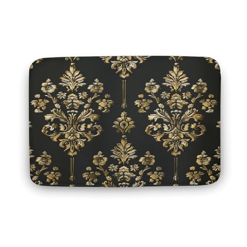 asbwuo Goldener Damast-Badezimmerteppich, Badematte mit Vintage-Blumenblättern und Rutschfester Rückseite, 40,6 x 61 cm von asbwuo