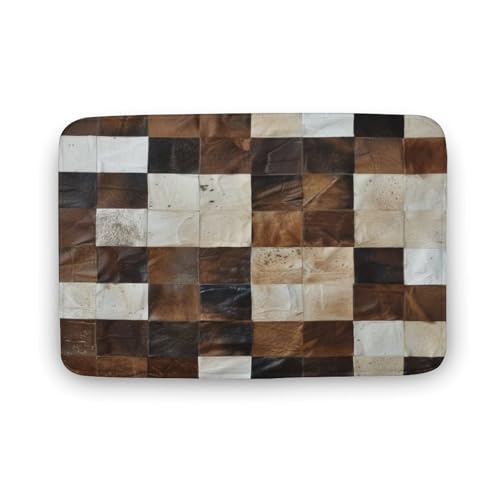 asbwuo Karierter Badezimmerteppich mit Tierhautmuster, Patchwork-Badematte aus Rindsleder mit Rutschfester Rückseite, 40,6 x 61 cm von asbwuo