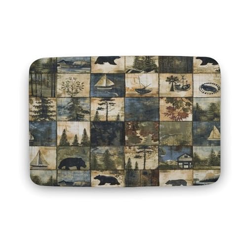 asbwuo Naturkarierter Badezimmerteppich, Badematte mit Bären-Retro-Baum-Segelboot-Patchworkmuster und Rutschfester Rückseite, 50,8 x 81,3 cm von asbwuo
