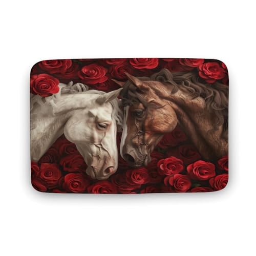 asbwuo Niedlicher Pferde-Badezimmerteppich, Badematte mit Tierblättern und roter Rose und Rutschfester Rückseite, 40,6 x 61 cm asbwuo Niedlicher Pferde-Badezimmerteppich, Badematte mit Tierblättern und roter Rose und Rutschfester Rückseite, 40,6 x 61 cm von asbwuo