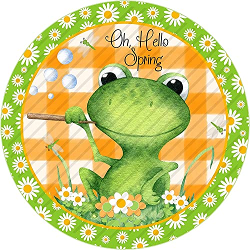 asbwuo Retro Metall Blechschild 15,2 x 15,2 cm Oh Hello Spring Welcome Spring Summer Schild für Kranz Frosch Schild für Kranz Kranz Aufsätze Froschkranz Schild Rund Blechschild Eisen Poster von asbwuo