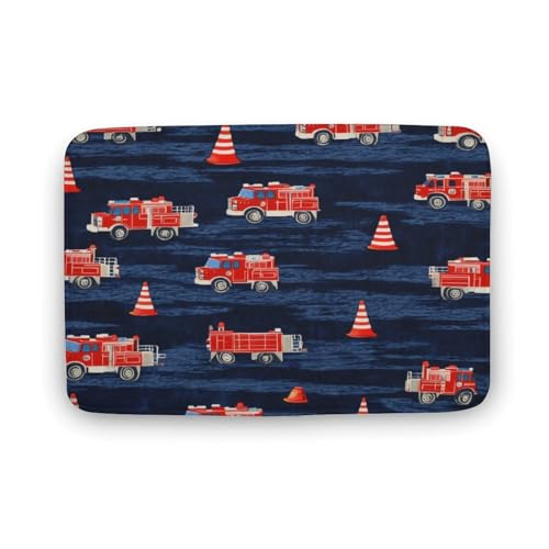 asbwuo Roter Badezimmerteppich mit Feuerwehrauto-Motiv, Badematte mit Blauer Auto-Illustration und Rutschfester Rückseite, 40,6 x 61 cm von asbwuo