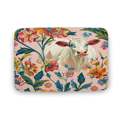 asbwuo Schöner Badezimmerteppich mit Blumen, Badematte mit Kuh-Tierblatt-Motiv und Rutschfester Rückseite, 40,6 x 61 cm von asbwuo