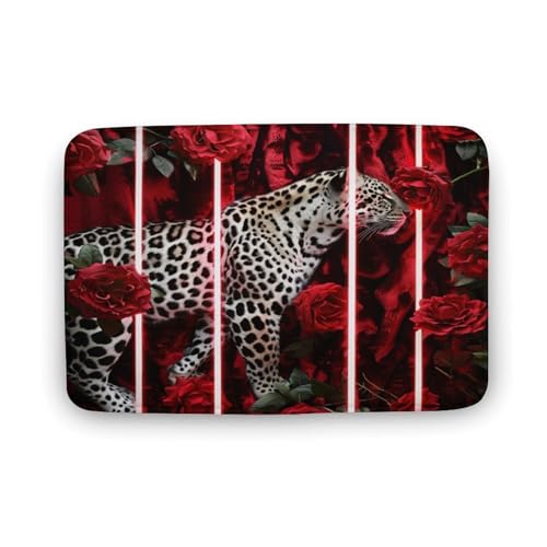 asbwuo Wunderschöner Badezimmerteppich mit Rosen-Leoparden-Motiv, Badematte mit Tierblumenmotiv und Rutschfester Rückseite, 40,6 x 61 cm von asbwuo