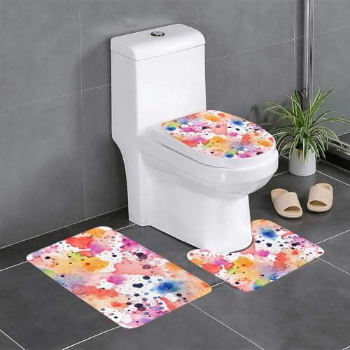 asbwuo rutschfeste Bodenmatte, 3-teiliges Set mit Flecken von Aquarell-Farbspritzern, U-förmige Toilettenbodenmatte, fest angebracht, saugfähig und langlebig, dick und bequem von asbwuo