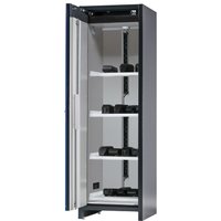 asecos® Sicherheitsschrank Typ 90 für Lithium-Ionen-Batterien ION-CORE-CHARGE, HxBxT 1953x599x615 mm, 4x gelochte Fachböden, 2x Steckdosenleiste (EU-Ausführung), 1x Bodenauffangwanne von asecos®