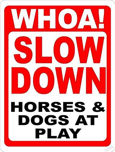 Straßenschild Warntafel Whoa Slow Down Horses & Dogs At Play Pferdeställe & Weide Metall-Blechschild Wandkunst-Dekor Sicherheitswarnschilder für Außen- und Innenbüroschild 15,2 x 20,3 cm von asfqweff