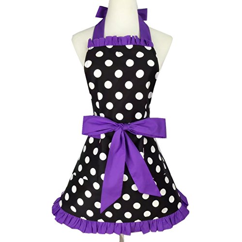 Aspire Schürze Retro Polka Dots Küchenschürze mit Zwei Taschen für Kochen Backen- Schwarz Lila von aspire