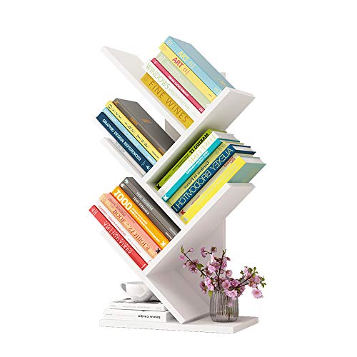 Kreatives einfaches hölzernes Baum-Bücherregal, hölzernes Desktop-Organizer-Regal Multifunktions-Präsentationsregal für Bücher Zeitschriften CD 5-stufige bodenstehende Bücherregale (weiß) von asskanaer