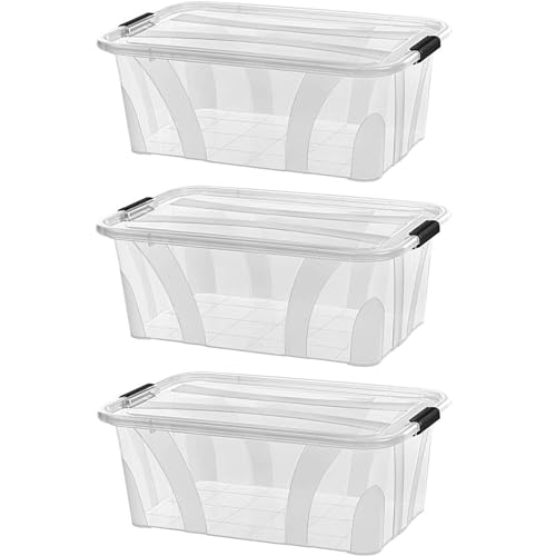 astor24 PREMIUM 3er XXL Set Aufbewahrungsbox transparent Organizer mit Deckel stapelbar. Ideal für Büro, Kinderzimmer, Küche & Werkstatt (3er Set 32 Liter) von astor24