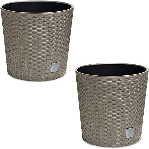 astor24 - 2X Blumentopf Anthrazit in Rattan-Optik - Pflanzkübel mit Einsatz - Rattan-Blumentopf für Garten - In/Outdoor - Höhe 20 cm - Ø 20 cm (2er Set 20cm Ø, Braun) von astor24