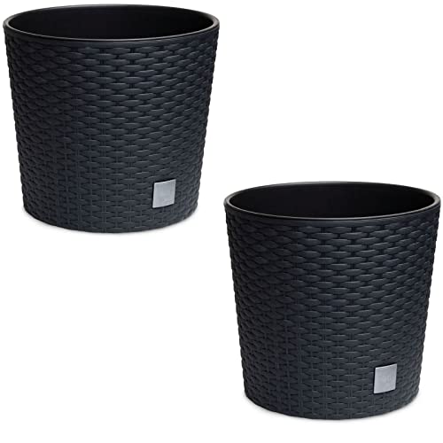 astor24 - 2X Blumentopf Anthrazit in Rattan-Optik - Pflanzkübel mit Einsatz - Rattan-Blumentopf für Garten - In/Outdoor - Höhe 22,5 cm - Ø 25 cm (2er Set 24,5cm Ø, Schwarz) von astor24