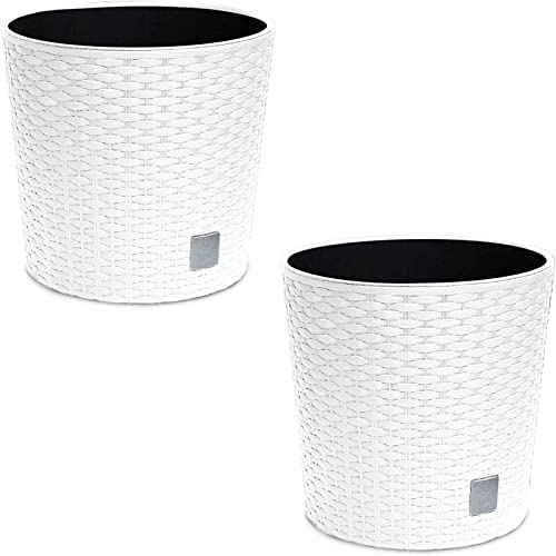 astor24 - 2X Blumentopf Anthrazit in Rattan-Optik - Pflanzkübel mit Einsatz - Rattan-Blumentopf für Garten - In/Outdoor - Höhe 22.5 cm - Ø 25 cm (2er Set 24,5cm Ø, Weiß) von astor24