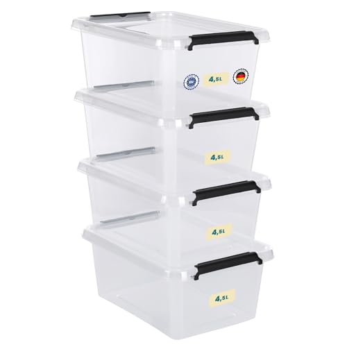 astor24 Aufbewahrungsbox mit Deckel - 4x 4.5 L - transparent Organizer - lebensmittelecht - stapelbar. Ideal für Büro, Kinderzimmer, Kleiderboxen - Küche - Werkstatt von astor24