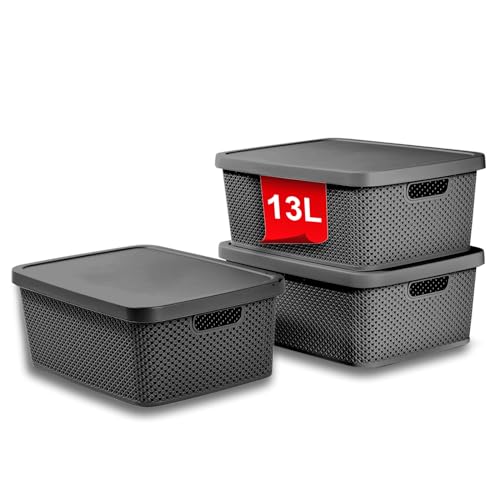 astor24 PREMIUM 3er XXL Set Aufbewahrungsbox Korb mit Deckel Organizer Ideal für Büro, Kleiderschrank, Schrank, Küche & Haushalt (Anthrazit, 3er Set 13 Liter) von astor24