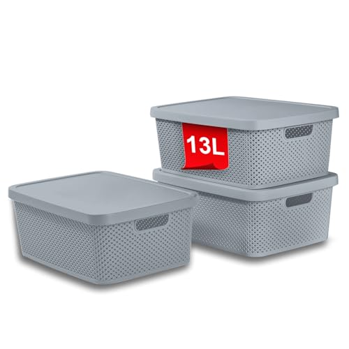 astor24 PREMIUM 3er XXL Set Aufbewahrungsbox Korb mit Deckel Organizer Ideal für Büro, Kleiderschrank, Schrank, Küche & Haushalt (Grau, 3er Set 13 Liter) von astor24