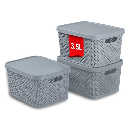 astor24 PREMIUM 3er XXL Set Aufbewahrungsbox Korb mit Deckel Organizer Ideal für Büro, Kleiderschrank, Schrank, Küche & Haushalt (Grau, 3er Set 3. 5 Liter) von astor24