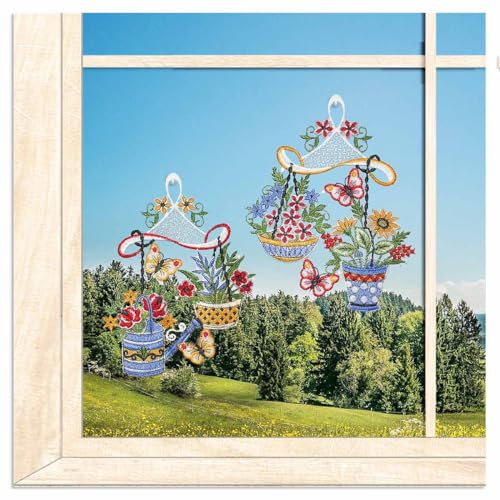 atelier alles-Spitze 2er Set Spitzen-Fensterbilder Kleine Blumenwaagen| Sommerliche Fensterdekoration aus Vogtländischer Luft-Spitze | BxH 13 x 18 cm von atelier alles-Spitze