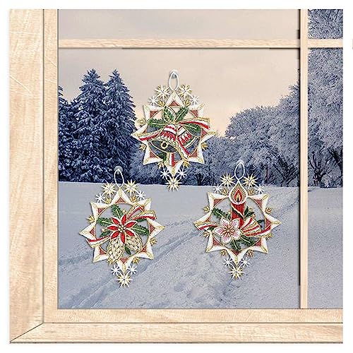 atelier alles-Spitze 3er Set Kleine Winter-Fensterbilder Gefüllte Schneesterne | Wiederverwendbare Festliche Weihnachtsdekoration aus bunter Vogtländischer Luft-Spitze | BxH: je 12 x 15 cm von atelier alles-Spitze