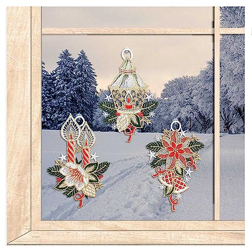 atelier alles-Spitze 3er Set Kleine Winter-Fensterbilder Laterne, Kerze und Weihnachtsstern | Wiederverwendbares Dekorationsset aus Farbiger Luft-Spitze | BxH: je 10 x 16 cm von atelier alles-Spitze