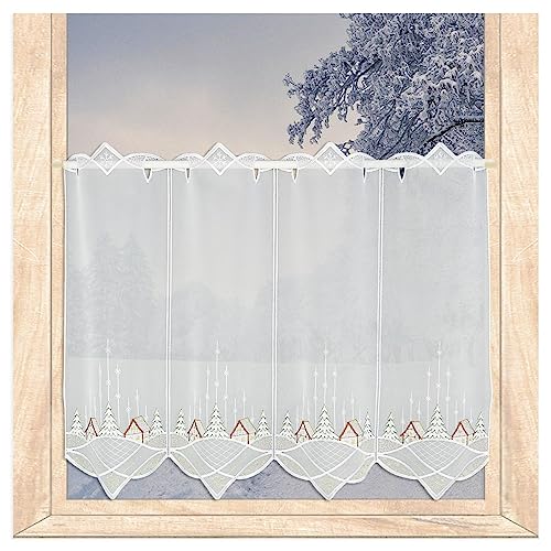 Attraktiver Winter- und Weihnachts-Scheibenhänger Winterdorf bestickte Scheibengardine aus Plauener Spitze 45 cm hoch (Höhe x Breite: 45 x 112 cm) von atelier alles-Spitze